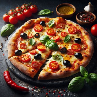 Pizza with mozzarella, tomatoes, and olives