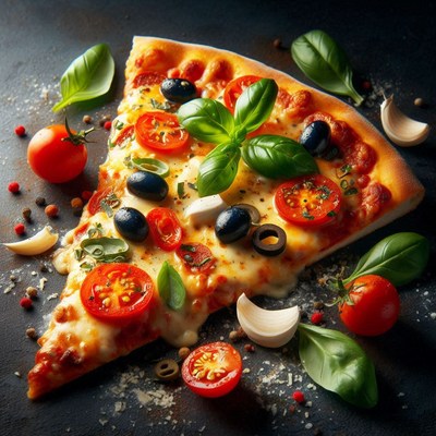 A slice of pizza with tomatoes, olives, and basil