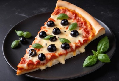A slice of pizza with olives and basil on a black plate