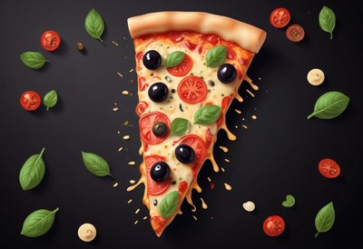 Cheesy pizza slice with toppings on black