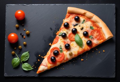 A slice of pizza with olives and tomatoes on a black slate