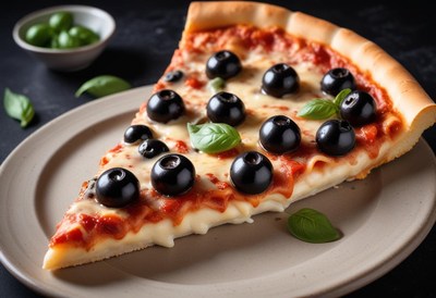 A slice of pizza with black olives and basil