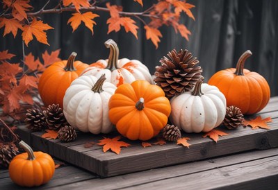 Pumpkins and pine cones on a wooden table
