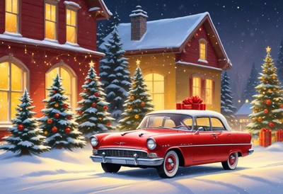 A red car drives past houses decorated for christmas
