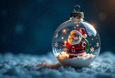 A glass ornament sits on a bed of white snow
