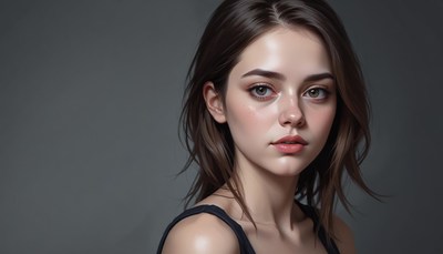 A young woman with brown hair stares into the camera