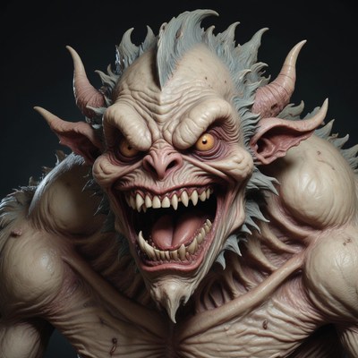 A close-up of a monstrous creature with a wide, toothy grin
