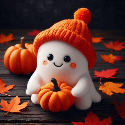 A hat-wearing ghost holds a pumpkin on wood