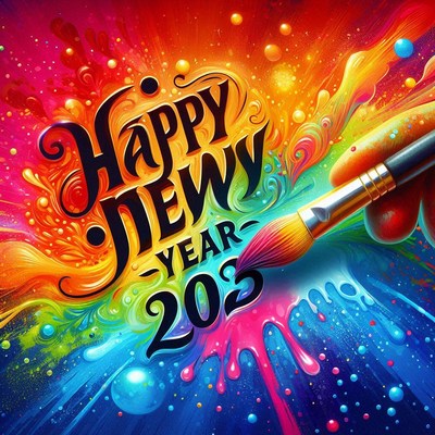 A paintbrush paints happy new year 2023 in colorful swirls