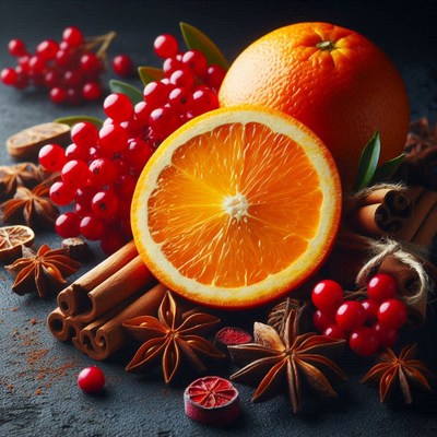 Oranges and spices are on a black surface