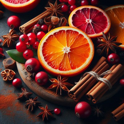 Orange slices and spices on a wooden board