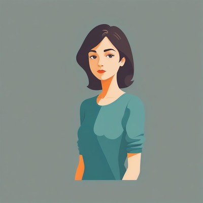 Woman with brown hair in a green shirt, plain bg