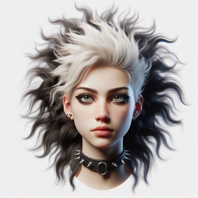 A woman with black and white hair is pictured in a close-up