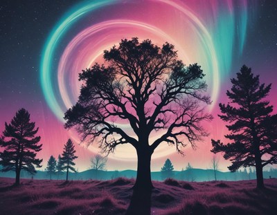A large tree stands tall against a vibrant, swirling sky