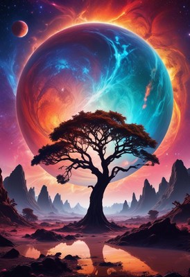 A lone tree stands tall against a colorful alien planet