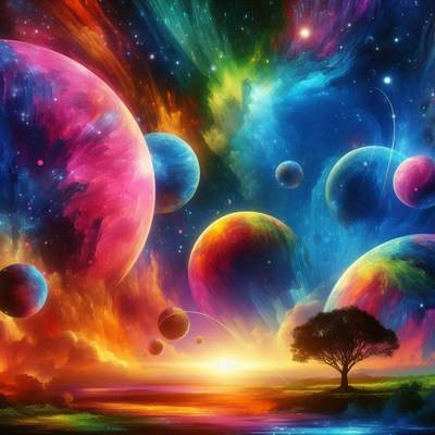 Vibrant sunrise with a tree and planets above