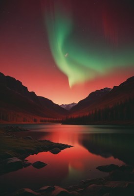 Green aurora lights up the night sky over a lake