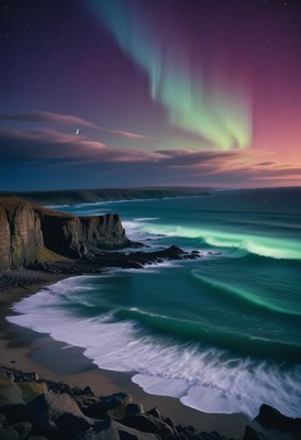 The northern lights shine over a sandy beach in iceland