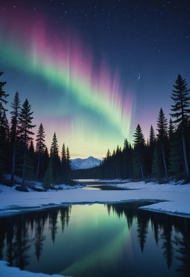 The northern lights dance over a snowy forest lake
