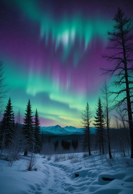 The northern lights dance over a snowy forest