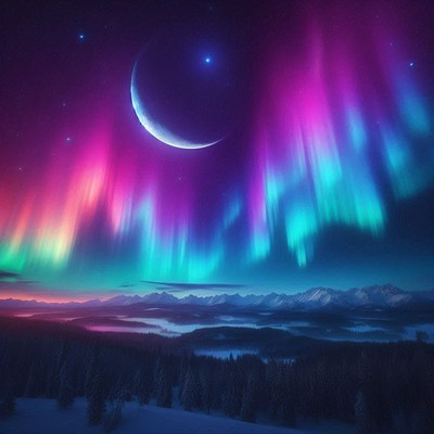 The northern lights dance over a snowy mountain landscape