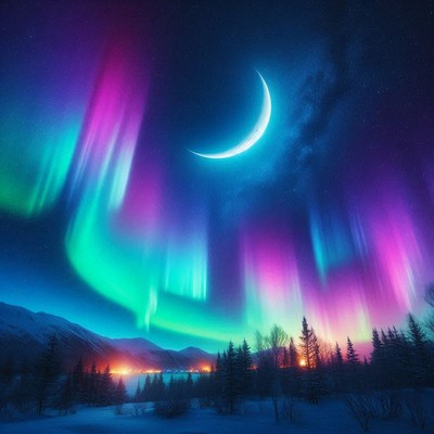 The northern lights dance in the sky over a snowy forest