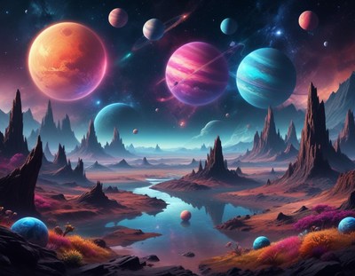 Vibrant alien landscape with a river and planets