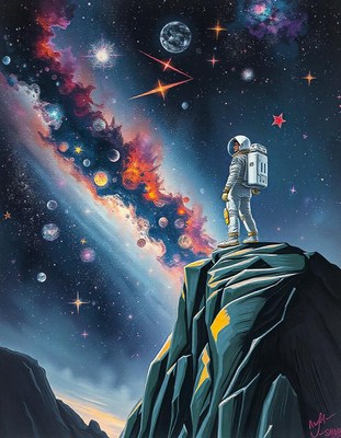 An astronaut stands on a cliff, gazing at the milky way