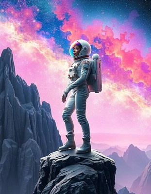 Astronaut gazes at colorful clouds from rocky peak
