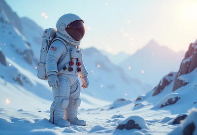 An astronaut stands on a snowy mountain