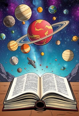 A bright book reveals stars and planets above