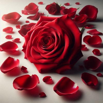 A red rose and petals on a white surface
