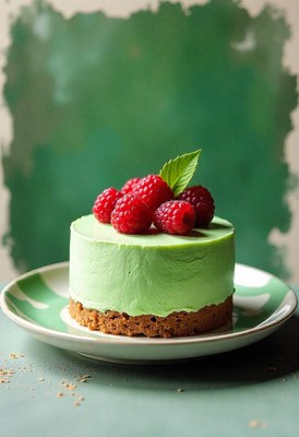 A green cake with raspberries on a green plate