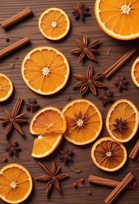 Orange slices, star anise, and cinnamon on wood
