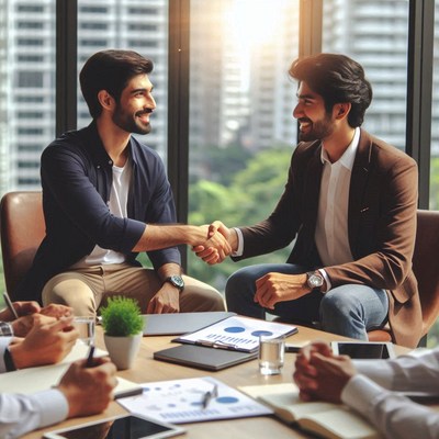 Two men shake hands after a meeting