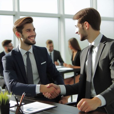 Two men shake hands in a business meeting