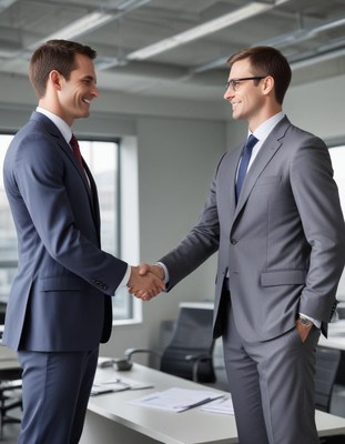 Two businessmen shake hands in an office