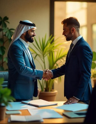 Two men shake hands in an office