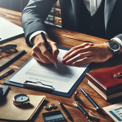 A businessman signs a document at his desk