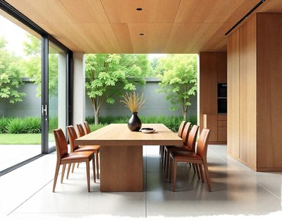 Modern dining room with wooden table, garden view