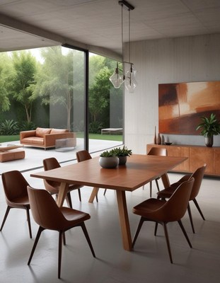 A modern dining room with a wooden table and leather chairs