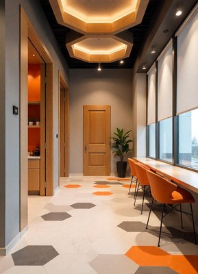 A hallway with hexagonal tiles and a modern design