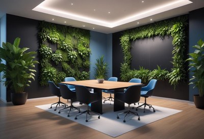 A modern office meeting room with green walls