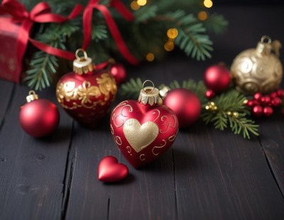 Red and gold christmas ornaments on a black wooden table