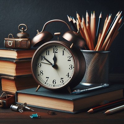 A vintage alarm clock sits on a stack of books