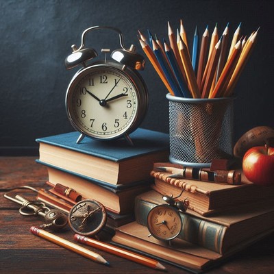 A vintage alarm clock sits on a stack of old books