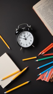 An alarm clock sits on a black desk with pencils and a book