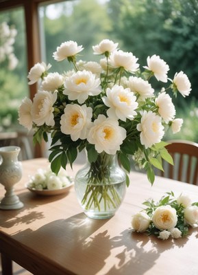 A vase of white peonies on a wooden table in the sun