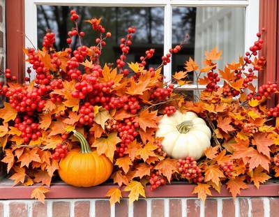 Fall foliage and pumpkins decorate a window