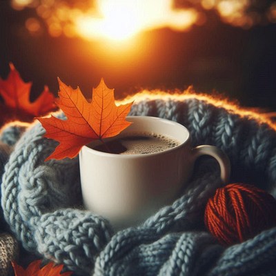 A cup of coffee with an autumn leaf, nestled in a cozy scarf